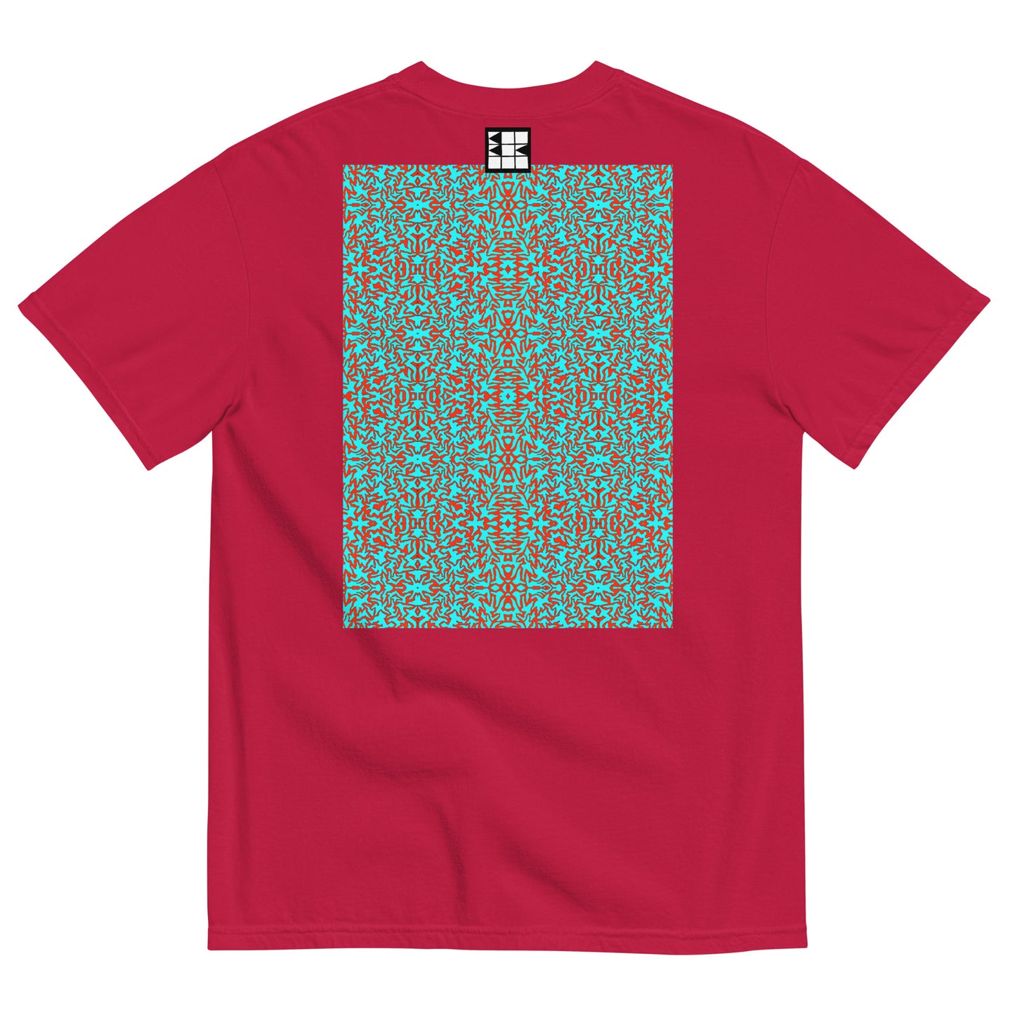 B. BATTERN, BBB Red T-Shirt Front, Blue Turkis Orange Pattern, Berlin Artist, Limited Edition Designer Collection, Fashion Label, Art Collection, baobabwod