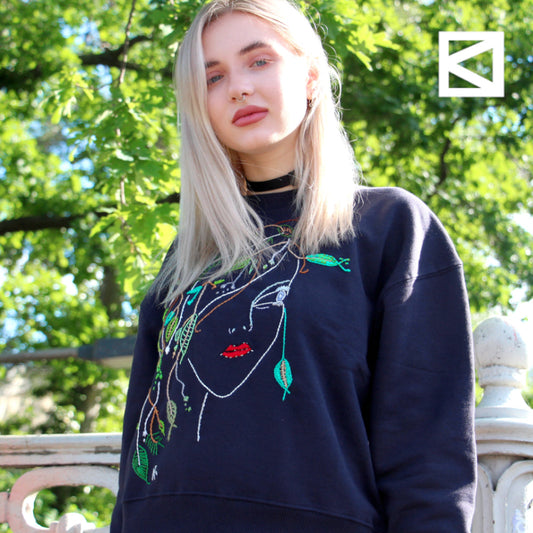 Anne-Marie Roth, Artist , Naturwesen, Embroidery by hand, Model Berlin Dasha.404, Blue Sweater, Unique Designer Clothing, Artwear, baobabwod