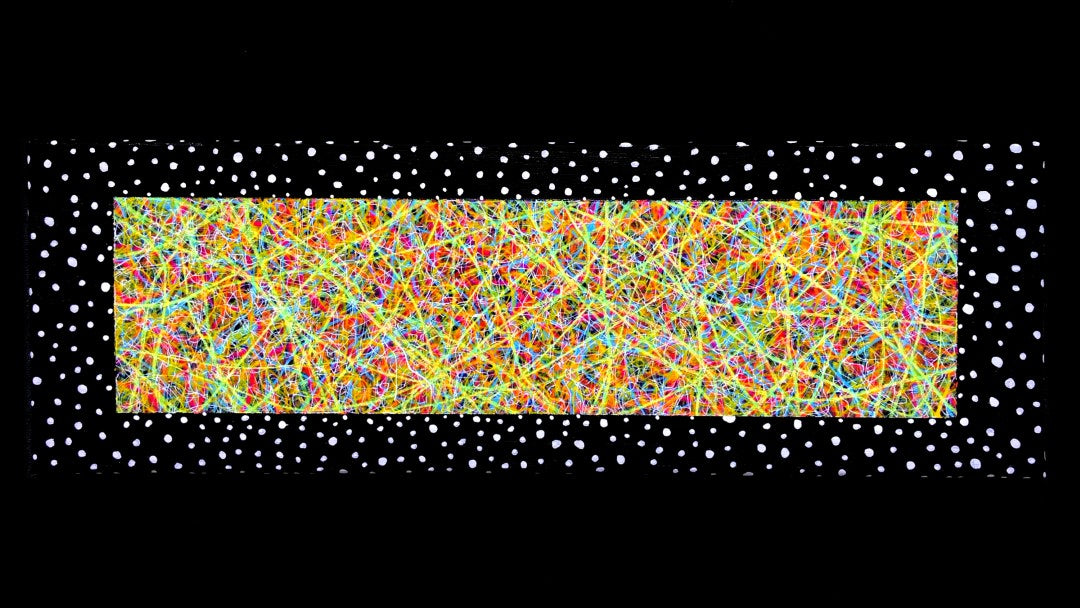 Colorful abstract pattern on a black background with white dots
