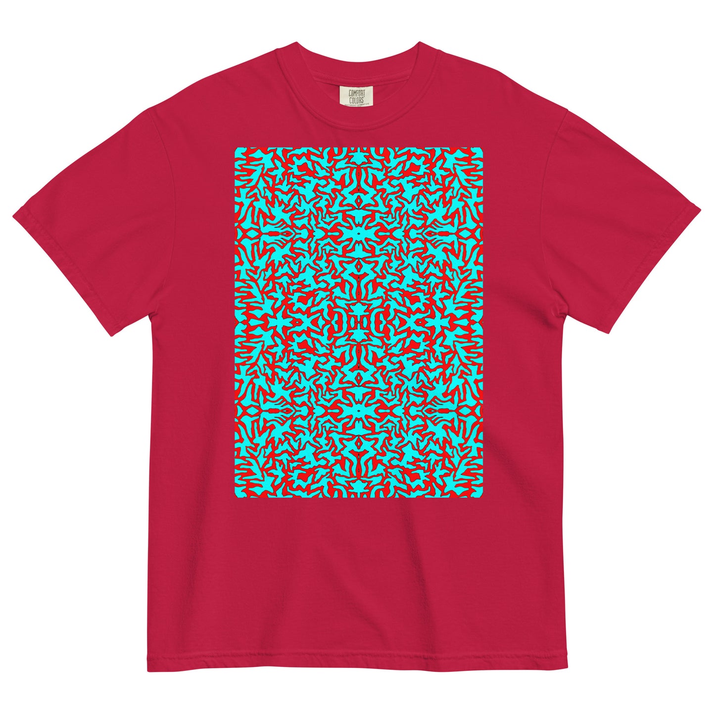 B. BATTERN, BBB Red T-Shirt Front, Blue Turkis Orange Pattern, Berlin Artist, Limited Edition Designer Collection, Fashion Label, Art Collection, baobabwod