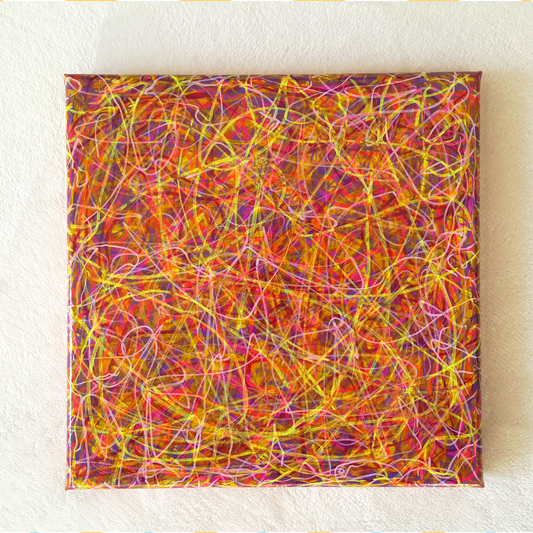 Magic Strings by B. Battern, acrylic painting with several layers of varnish. Many layers of lines, strings. Lively colorful lines. Mostly Yellow and purple tones.