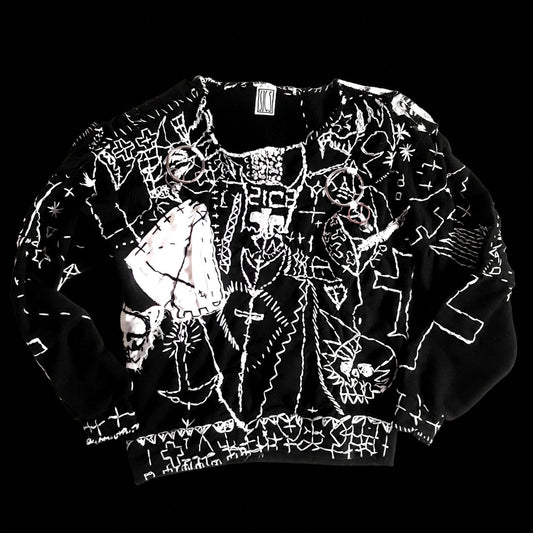 Black pullover sweatshirt with text and graphic designs on the front and sleeves