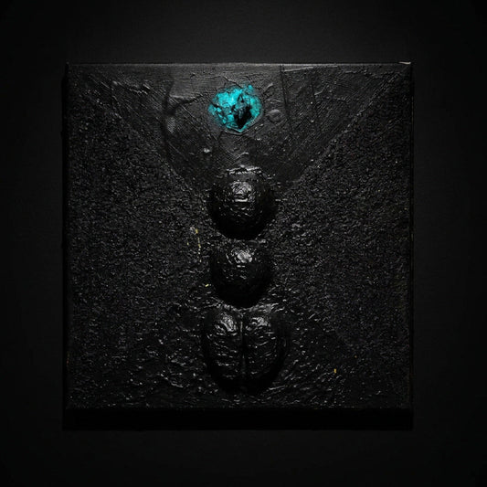 Abstract artwork with circular shapes on a textured black background