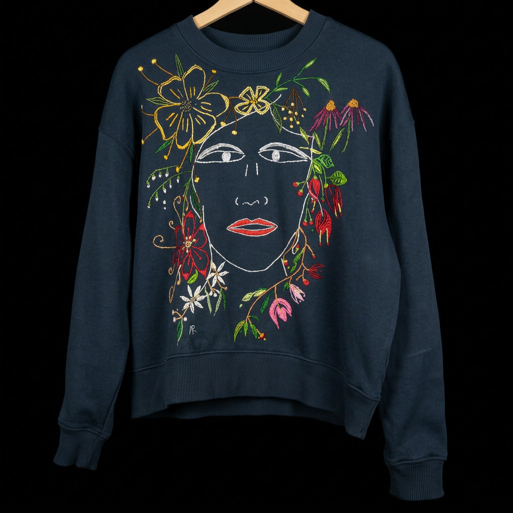 Anne Marie Roth, Stickerei, Kunst, Künstlerin, Female Artist, Fashion, Berlin , Kunstmarkt, Unique Artwear, Designer Clothing, Blue Sweatshirt, Organic