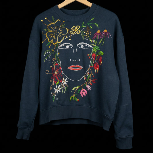 Anne Marie Roth, Stickerei, Kunst, Künstlerin, Female Artist, Fashion, Berlin , Kunstmarkt, Unique Artwear, Designer Clothing, Blue Sweatshirt, Organic